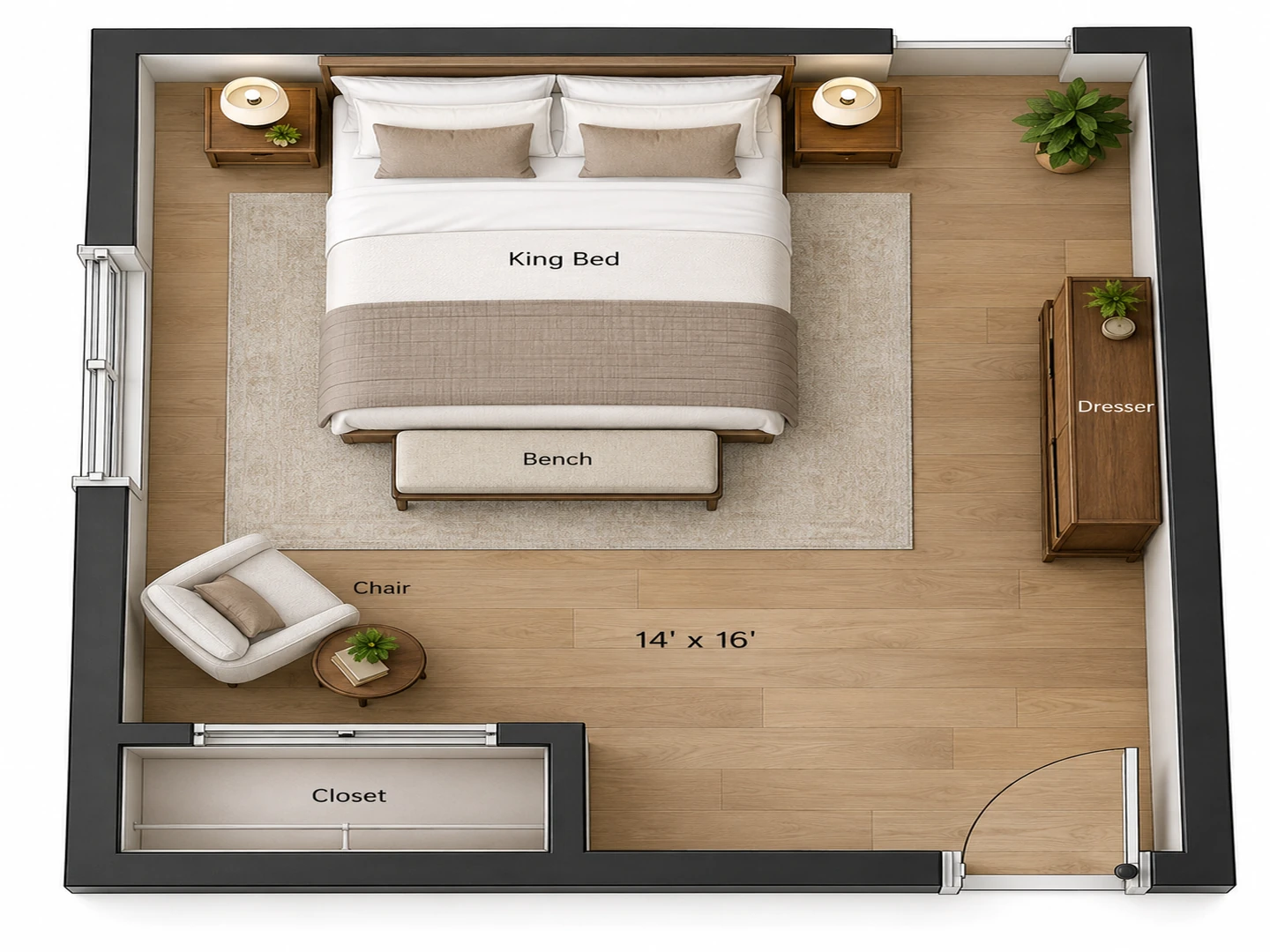 Feng shui bedroom layout of a 14 by 16 ft primary bedroom with a king bed on a solid wall diagonal from the door