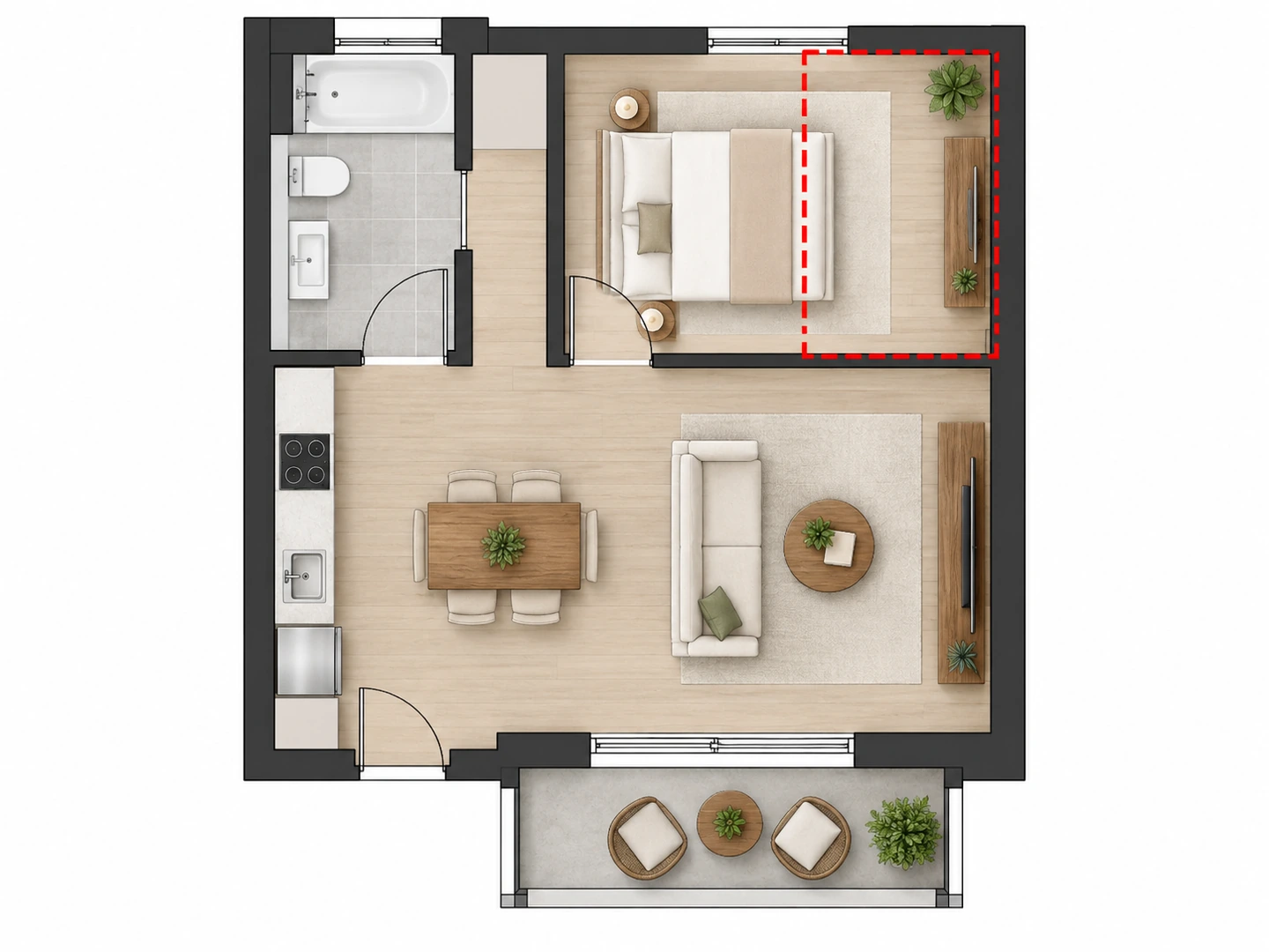 Bedroom area of a floor plan marked with a red box