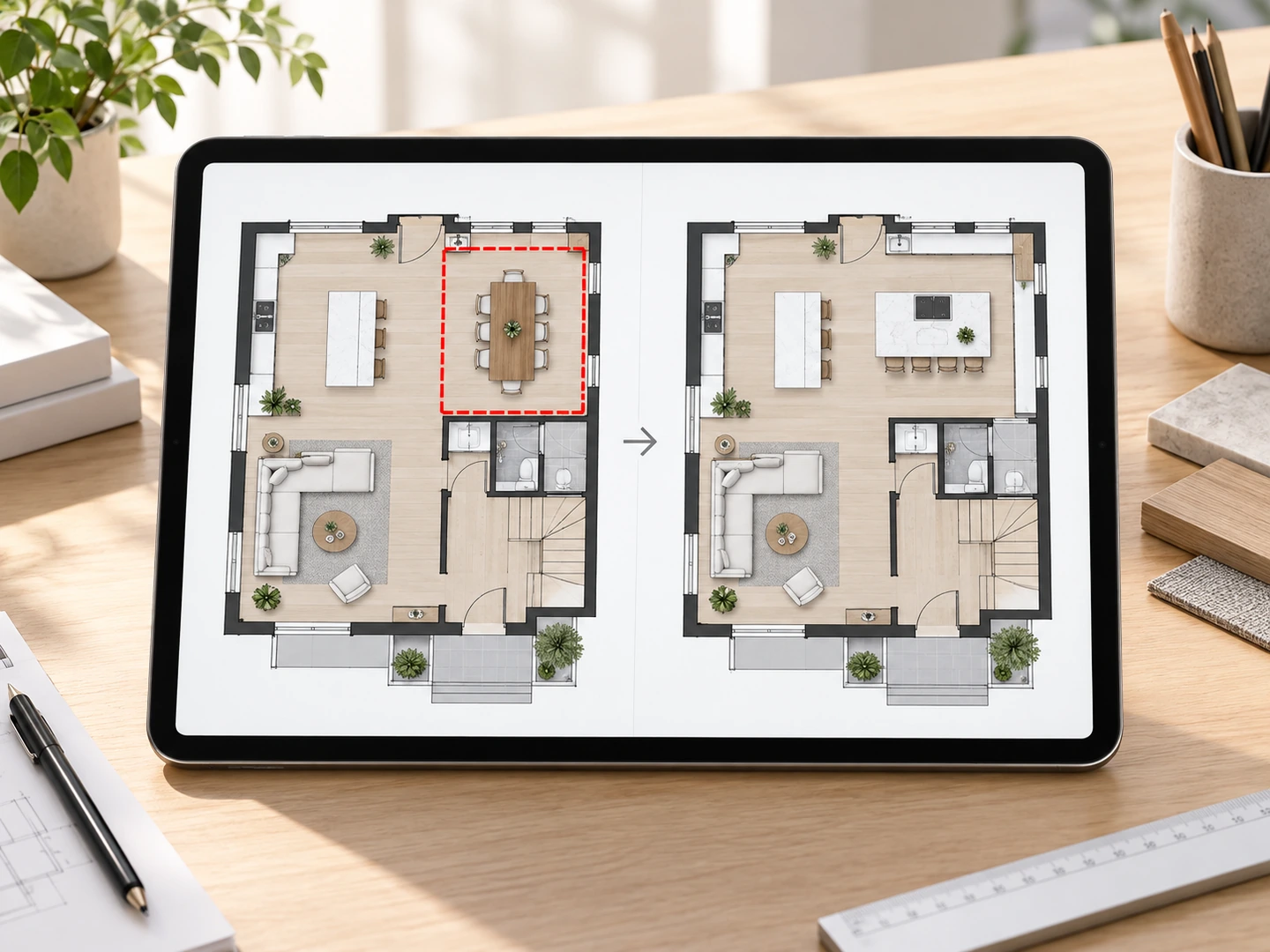 Floor plan with the kitchen wall marked in red for editing