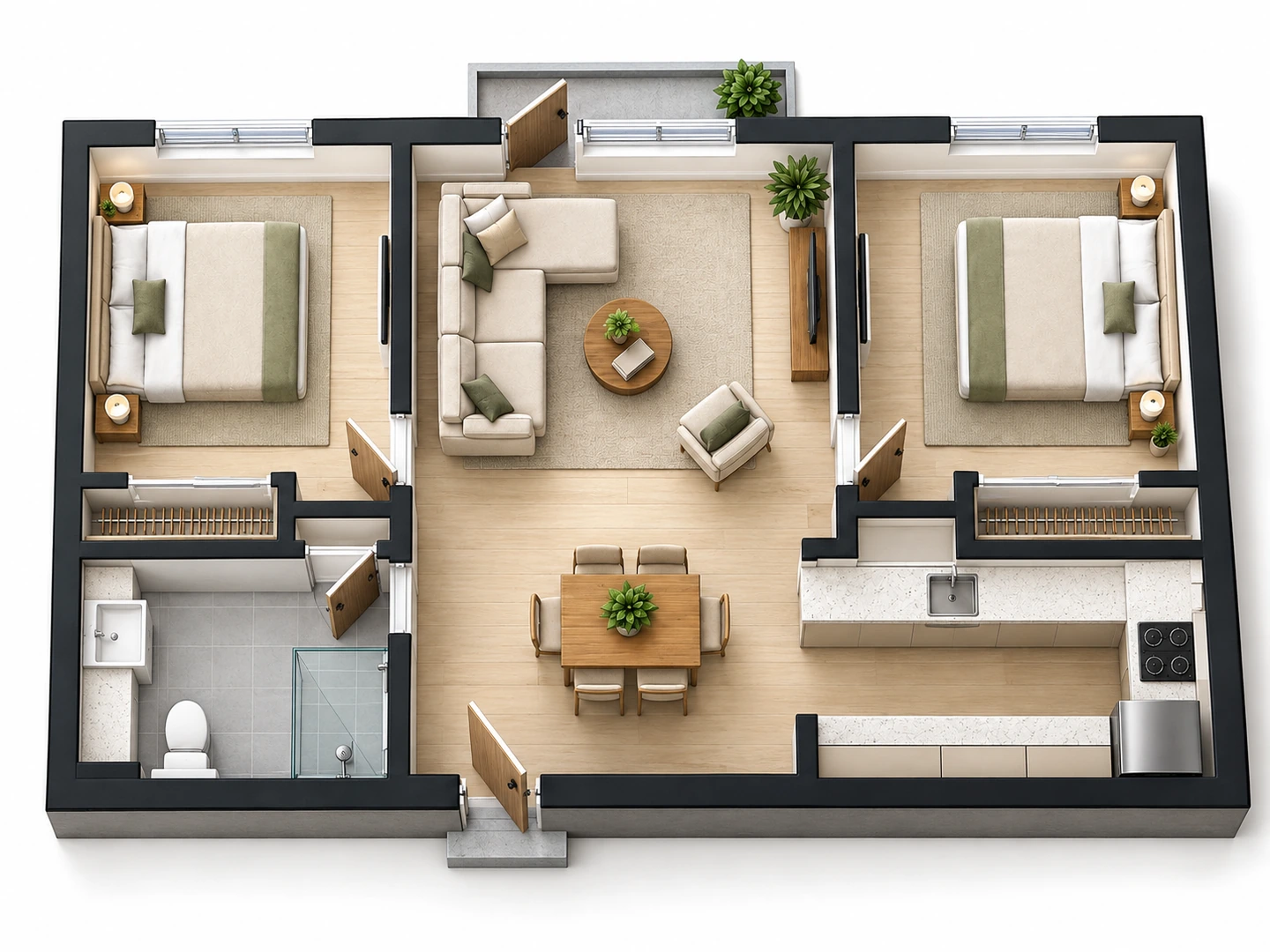 3D isometric rendering of a two-bedroom plan — After