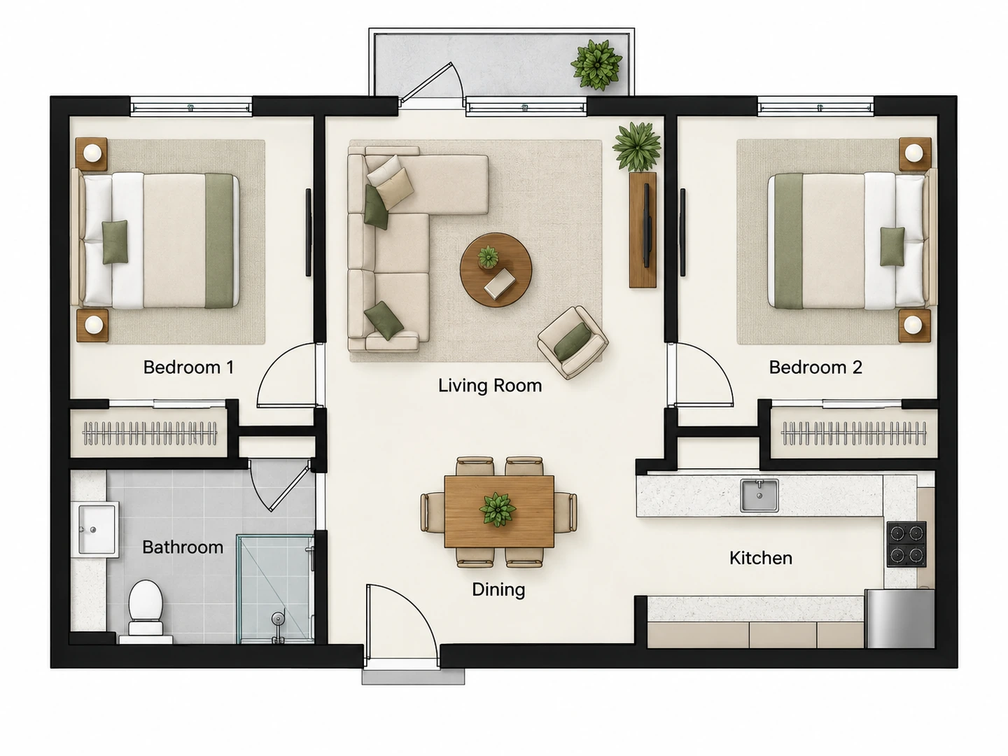 3D isometric rendering of a two-bedroom plan — Before