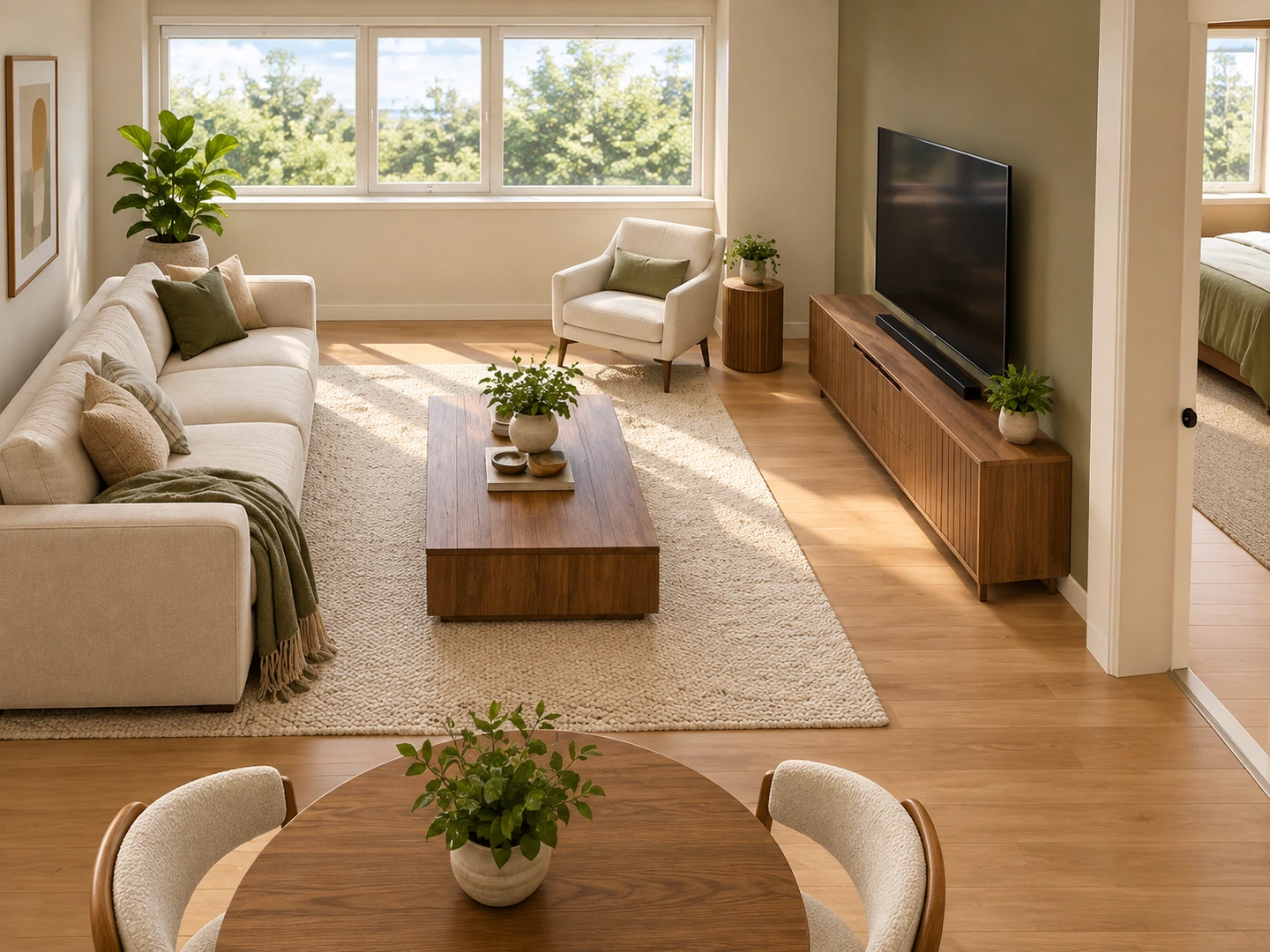 Eye-level rendering of the living room — After