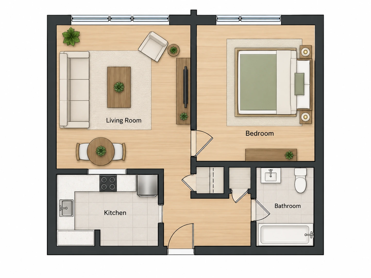 Eye-level rendering of the living room — Before