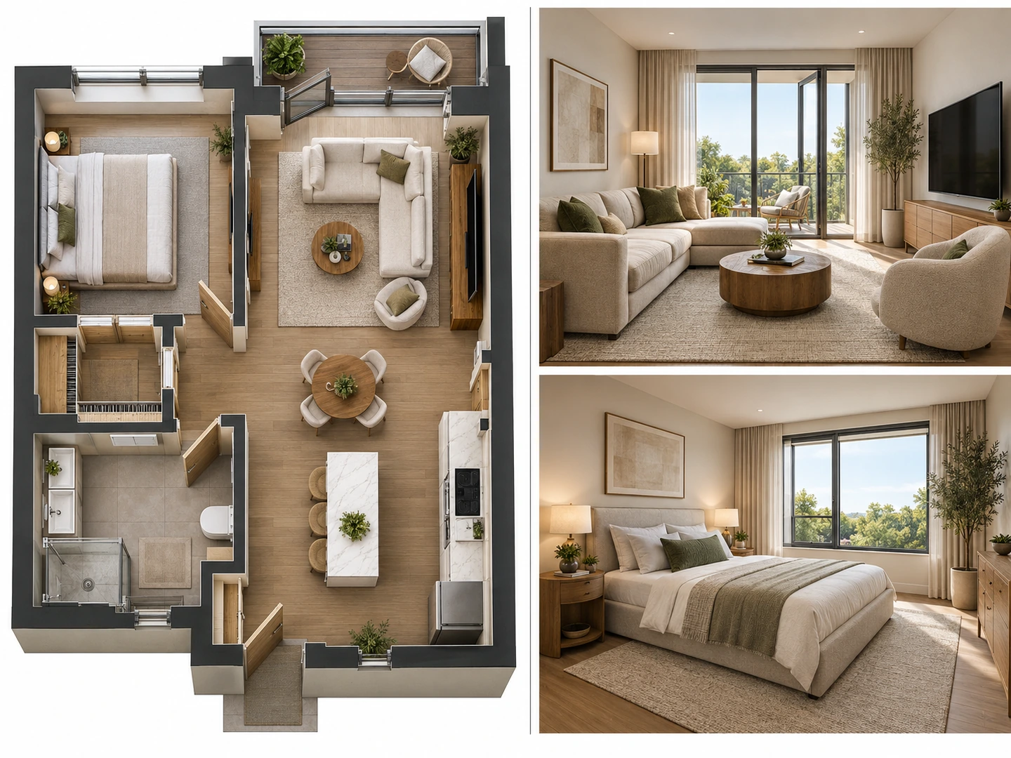 Presentation board with a rendered floor plan and two room views
