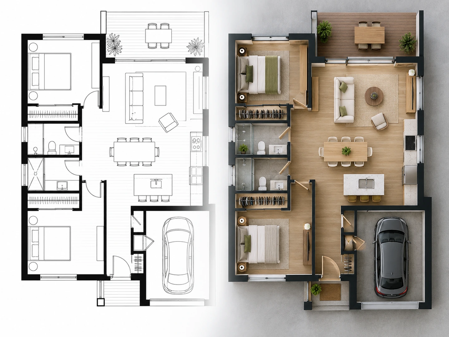 Floor plan rendered as a furnished 3D view