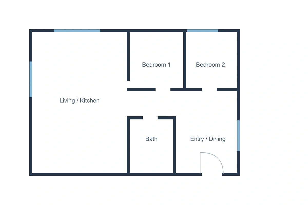 Two-bedroom home plan to furnished 3D view — Before
