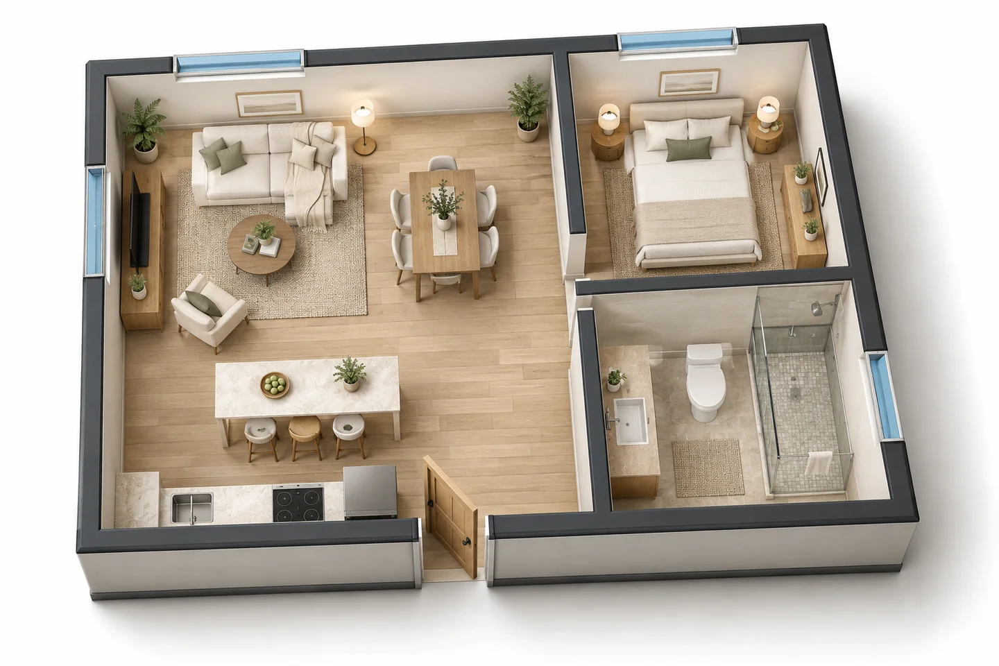 Open-plan kitchen, dining and living in 3D — After
