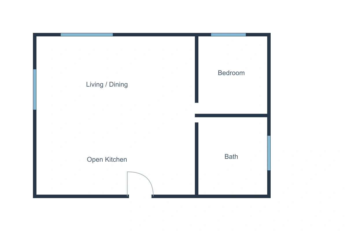Open-plan kitchen, dining and living in 3D — Before