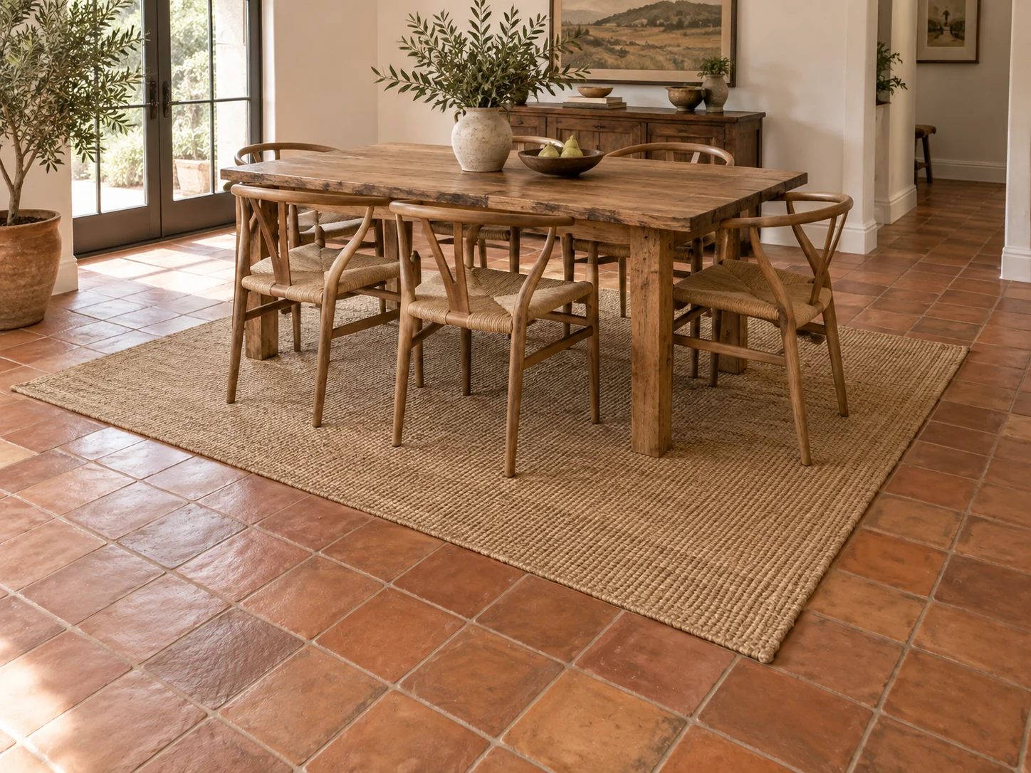 Terracotta tile floor under an existing dining table and jute rug