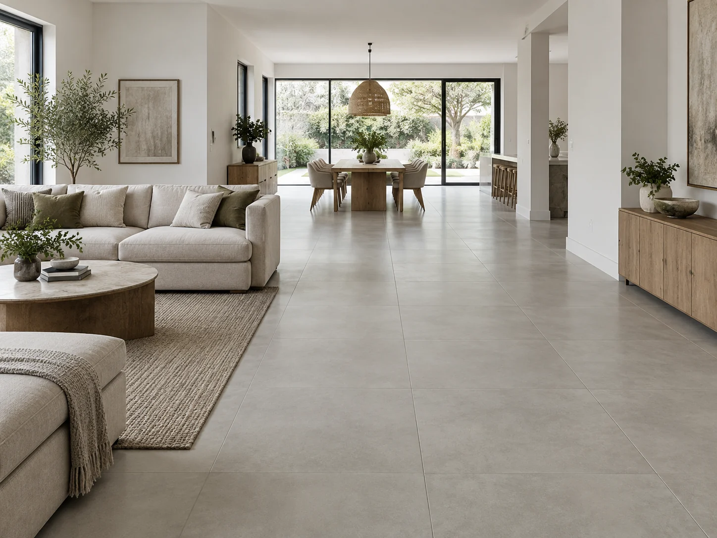 Large-format concrete-look tiles following the perspective of a long room