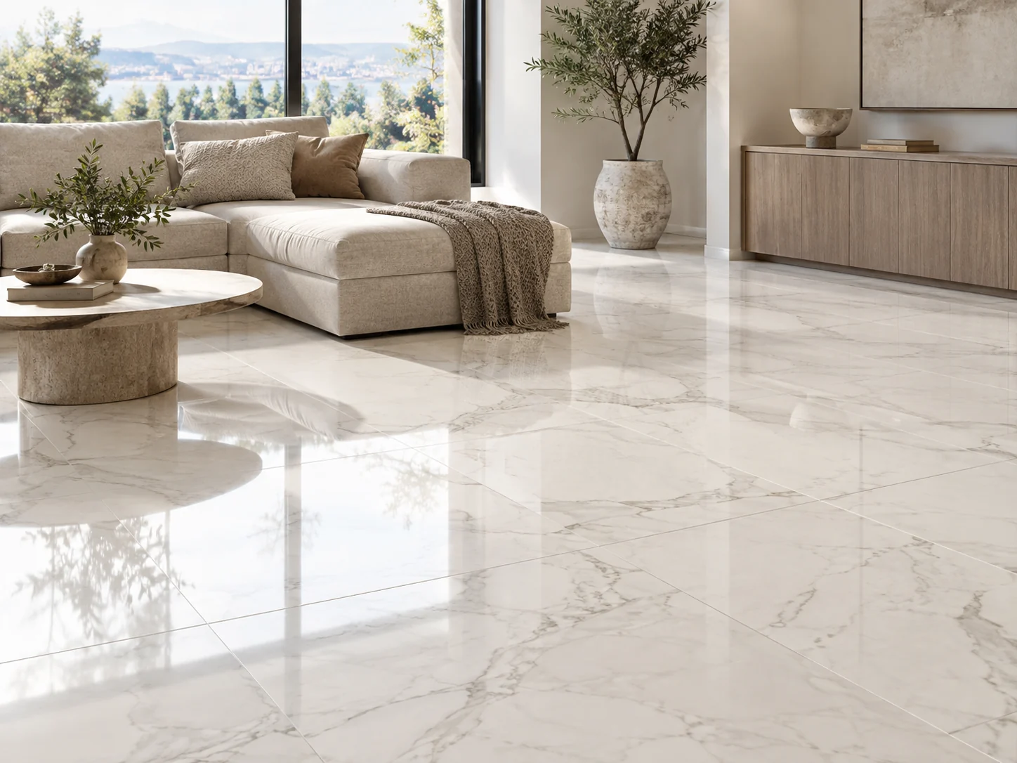 Polished white marble tile reflecting daylight from a window