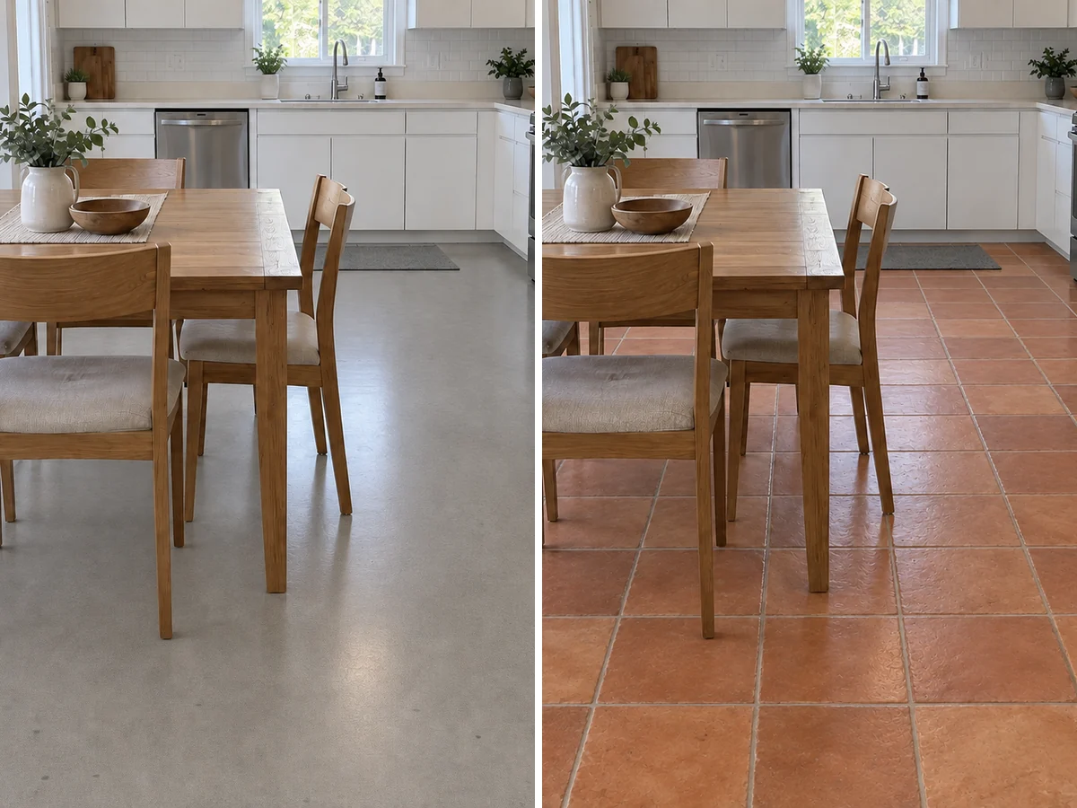 Illustration of one kitchen floor in polished concrete and terracotta tile side by side