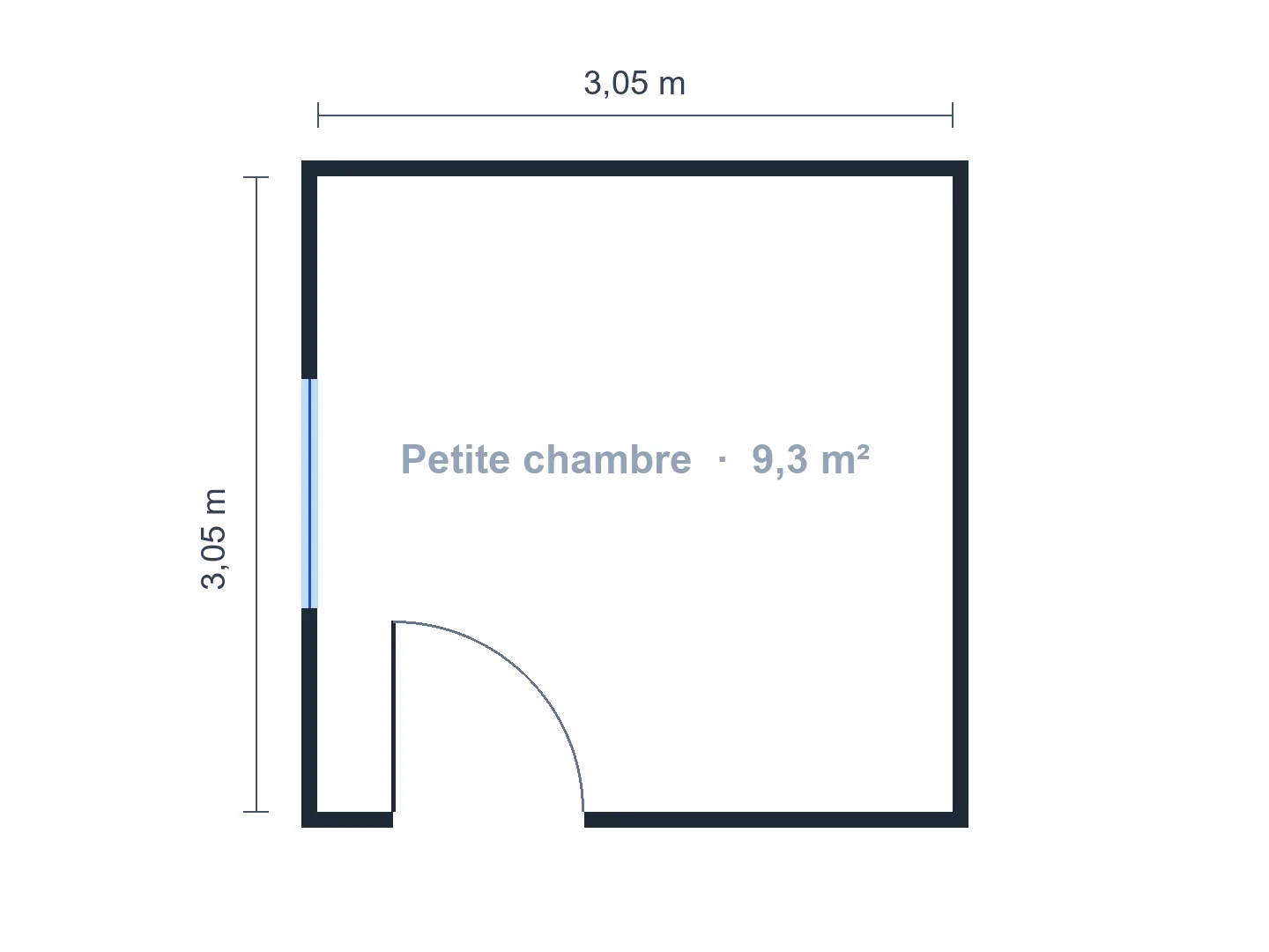 Plan de chambre de 9 m² (3 × 3 m) : lit double, deux chevets et commode, fenêtre dégagée — Avant