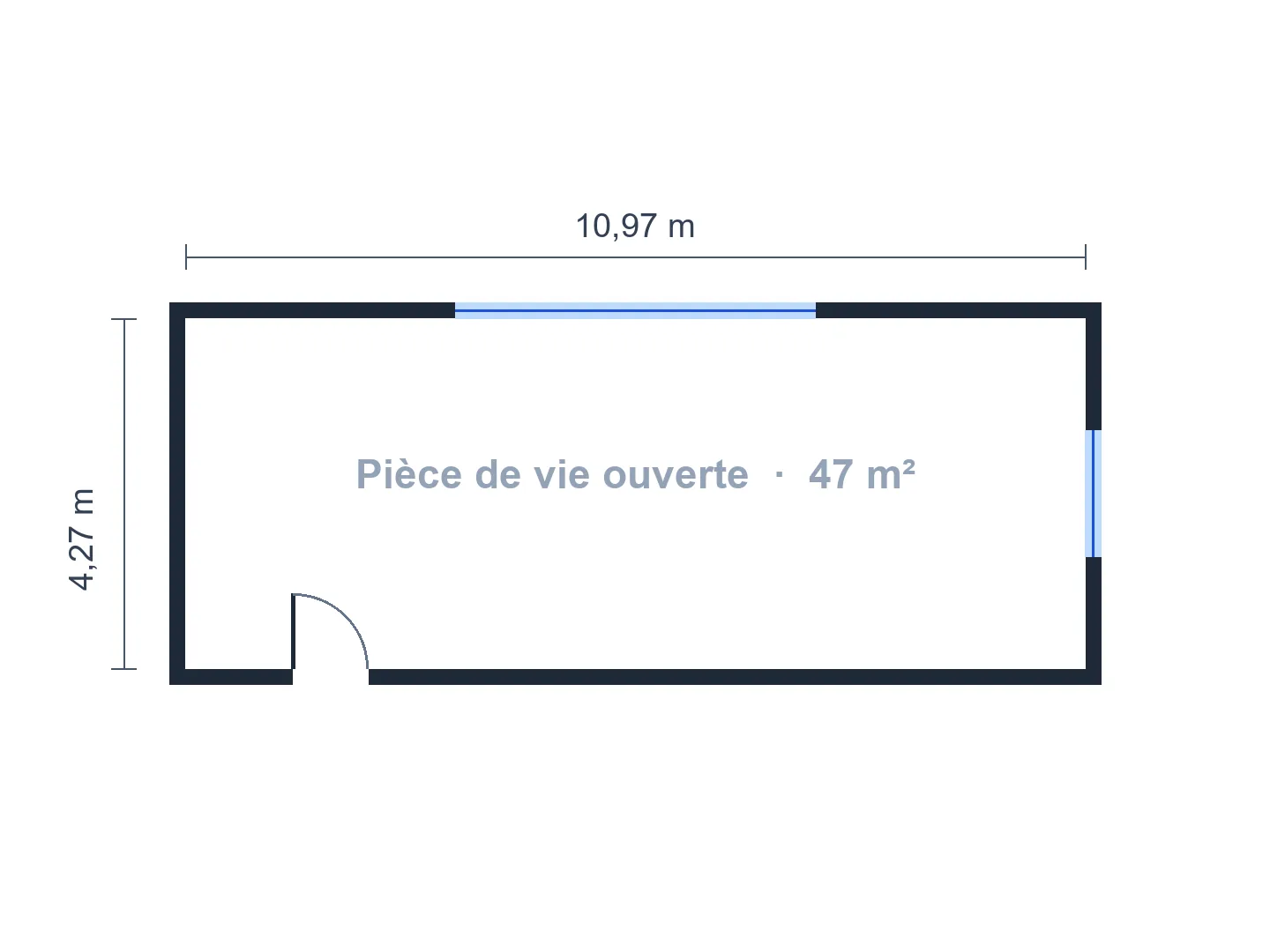 Pièce de vie en longueur de 11 × 4,3 m : cuisine en L, table pour six et coin salon, passage le long d’un mur — Avant