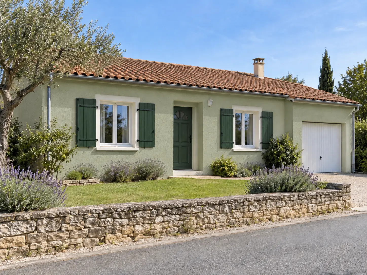 Maison de plain-pied à la façade vert sauge, volets et porte verts — Après