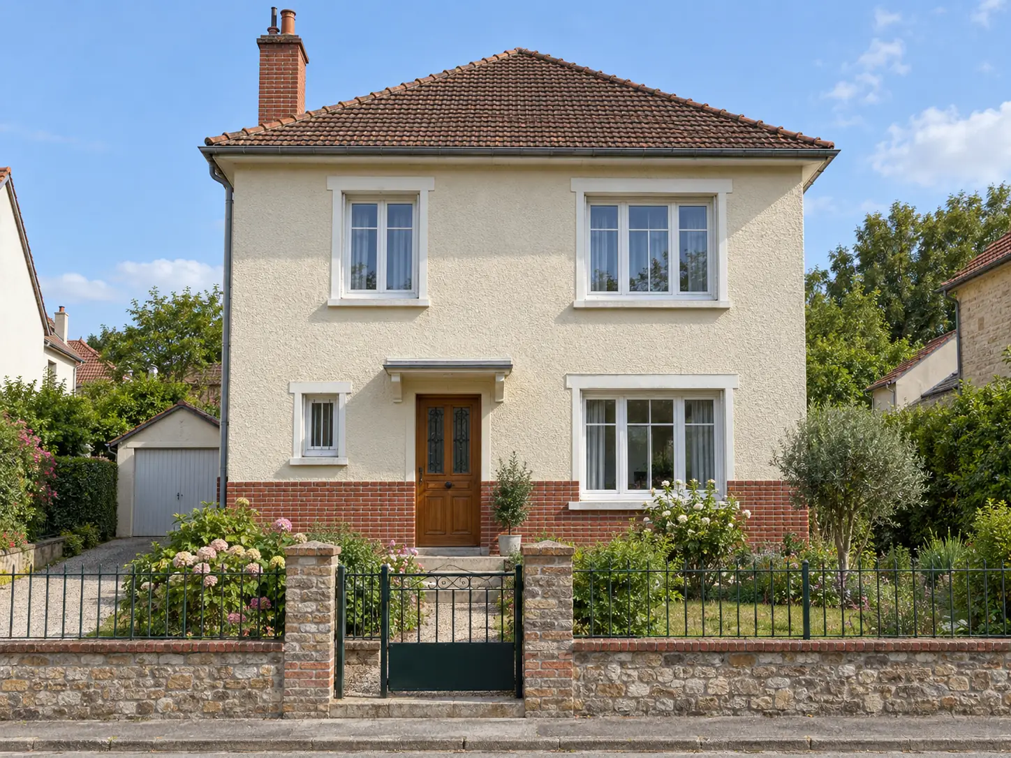 Façade taupe et porte rouge sang-de-bœuf au-dessus d’un soubassement de brique — Avant
