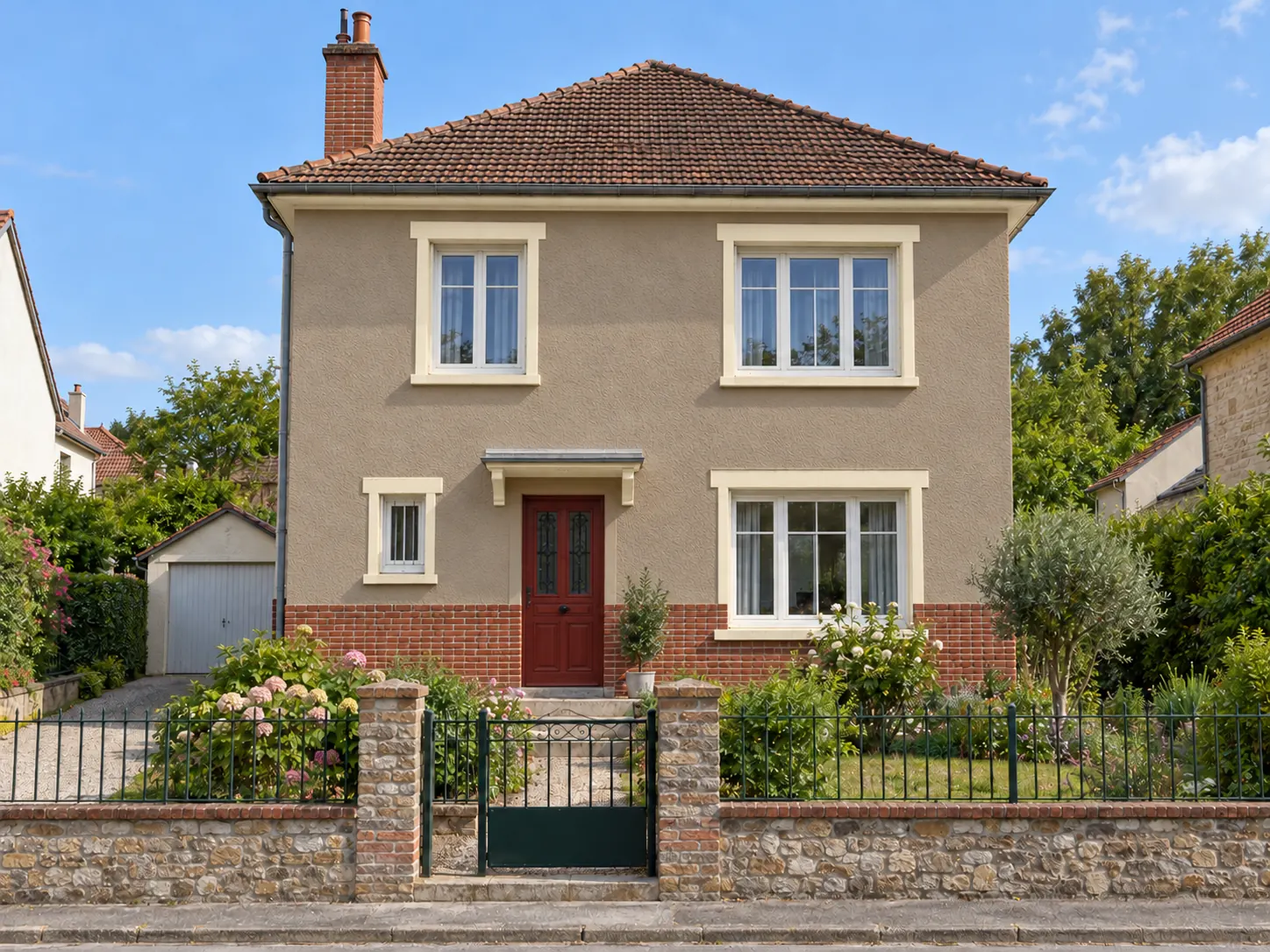 Façade taupe et porte rouge sang-de-bœuf au-dessus d’un soubassement de brique — Après