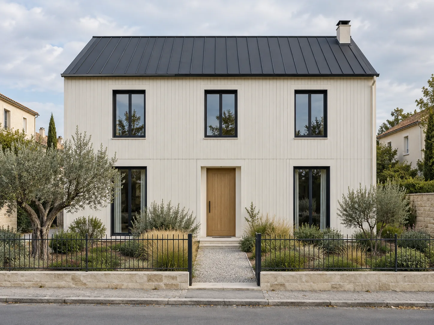 Bardage vertical gris anthracite et boiseries blanc cassé — Avant