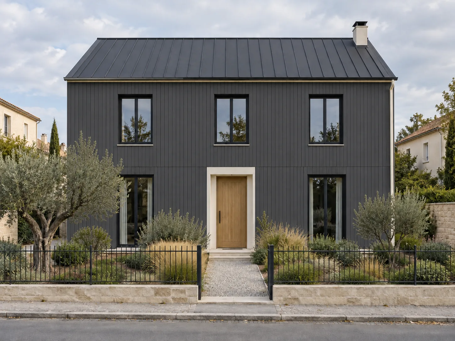Maison au bardage vertical gris anthracite, toit en métal noir, fenêtres noires et porte en bois dans un encadrement clair