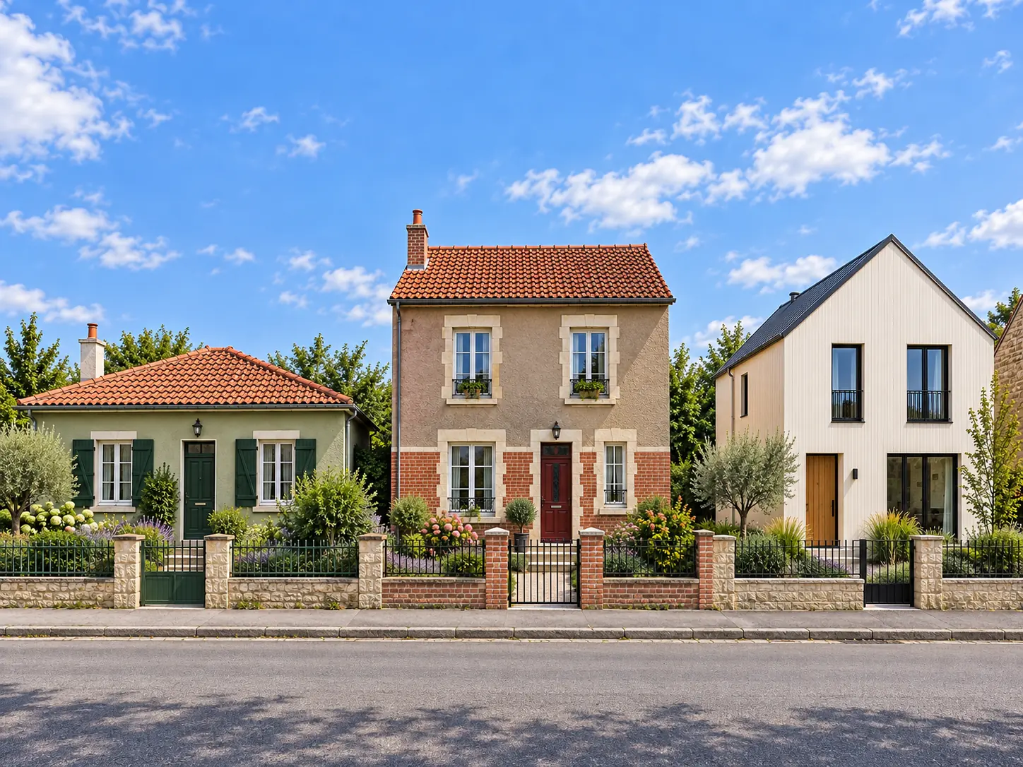 Trois maisons : façade vert sauge avec volets verts, façade taupe avec porte rouge et soubassement de brique, bardage blanc cassé à lattes verticales avec fenêtres noires et porte en bois
