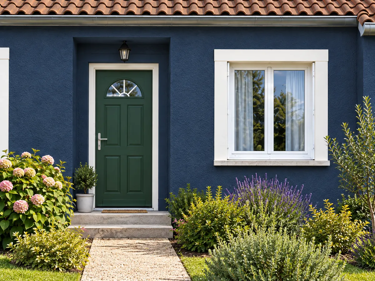Façade bleu marine et encadrements blancs autour d’une porte d’entrée vert forêt