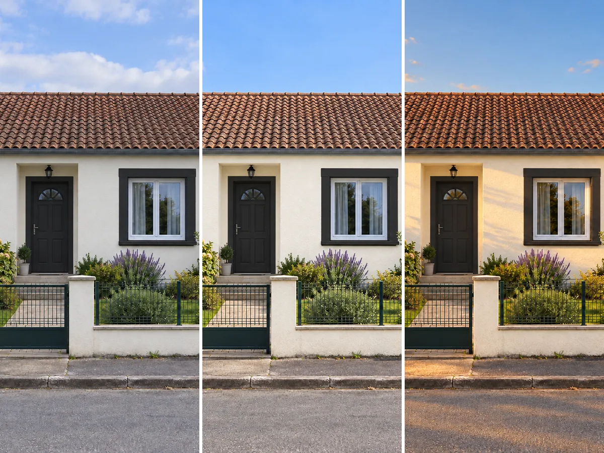 La même façade claire photographiée à l’ombre, à midi et en fin de journée