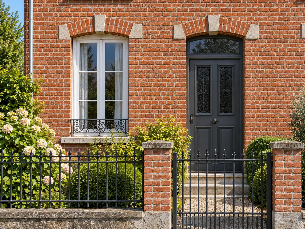 Brique rouge laissée apparente, encadrement de fenêtre blanc et porte d’entrée gris anthracite