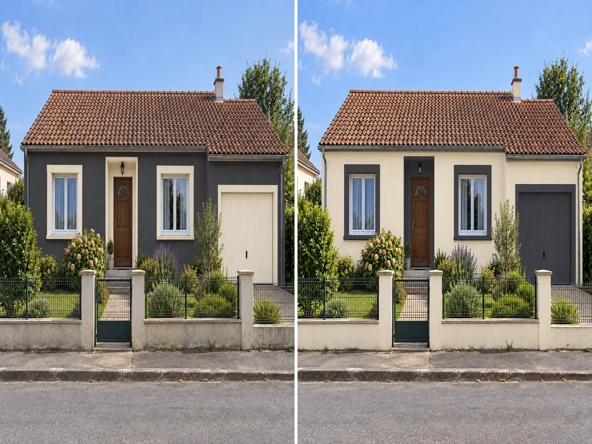 La même maison avec une façade gris anthracite et des boiseries crème, puis avec une façade crème et des boiseries gris anthracite