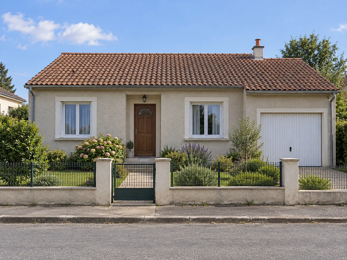 Façade bleu marine, boiseries et porte blanches sur une maison de plain-pied — Avant