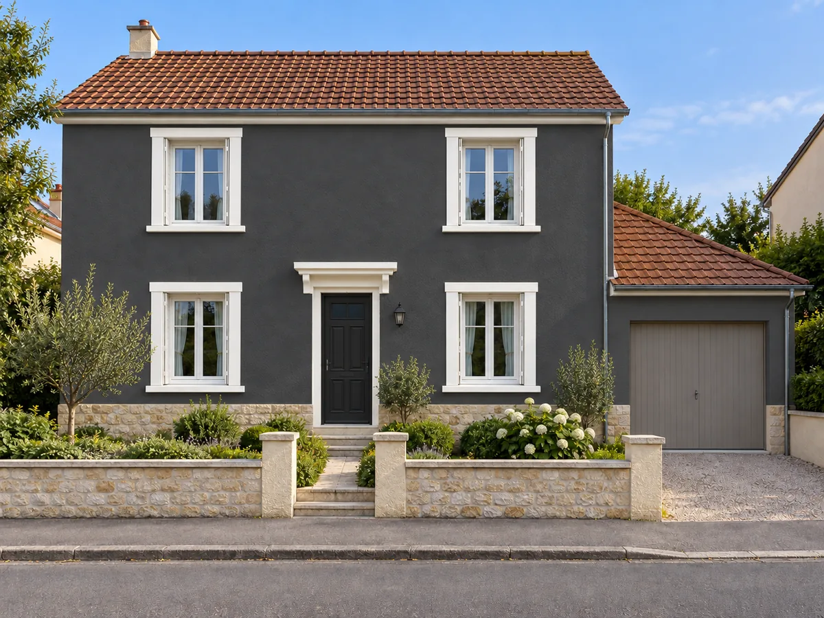 Façade gris anthracite, boiseries blanches et porte presque noire — Après