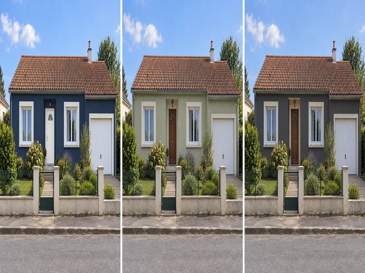 Une maison de plain-pied prévisualisée avec une façade bleu marine, vert sauge puis gris anthracite