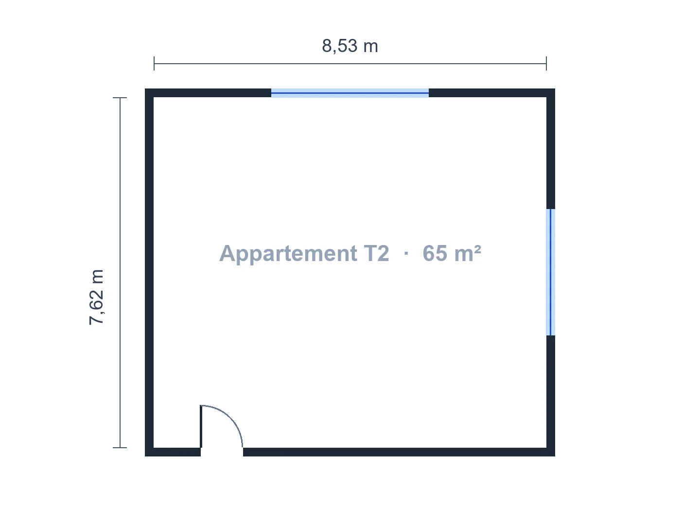 T2 d’environ 65 m², aménagé à partir d’un volume vide dont la porte et les fenêtres sont fixées — Avant