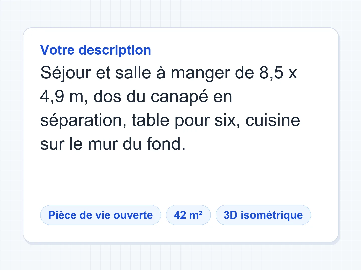Plan cuisine 3D : pièce de vie d’environ 42 m² (8,5 × 4,9 m), cuisine linéaire au fond, table pour six et salon délimité par le dos du canapé — Avant