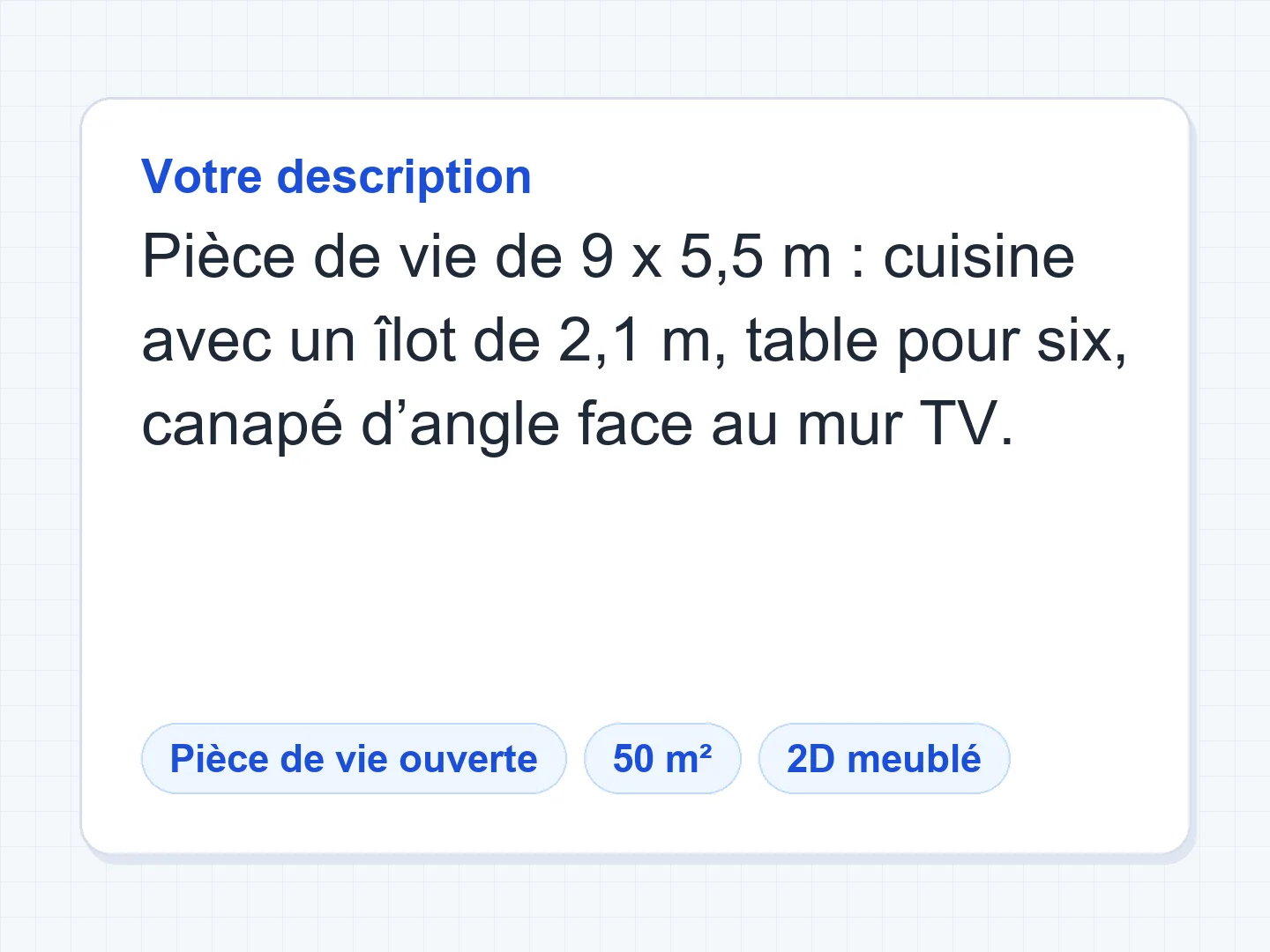 Cuisine ouverte sur salon d’environ 50 m² (9,1 × 5,5 m) : cuisine linéaire, îlot central avec trois tabourets, table pour six et canapé d’angle — Avant