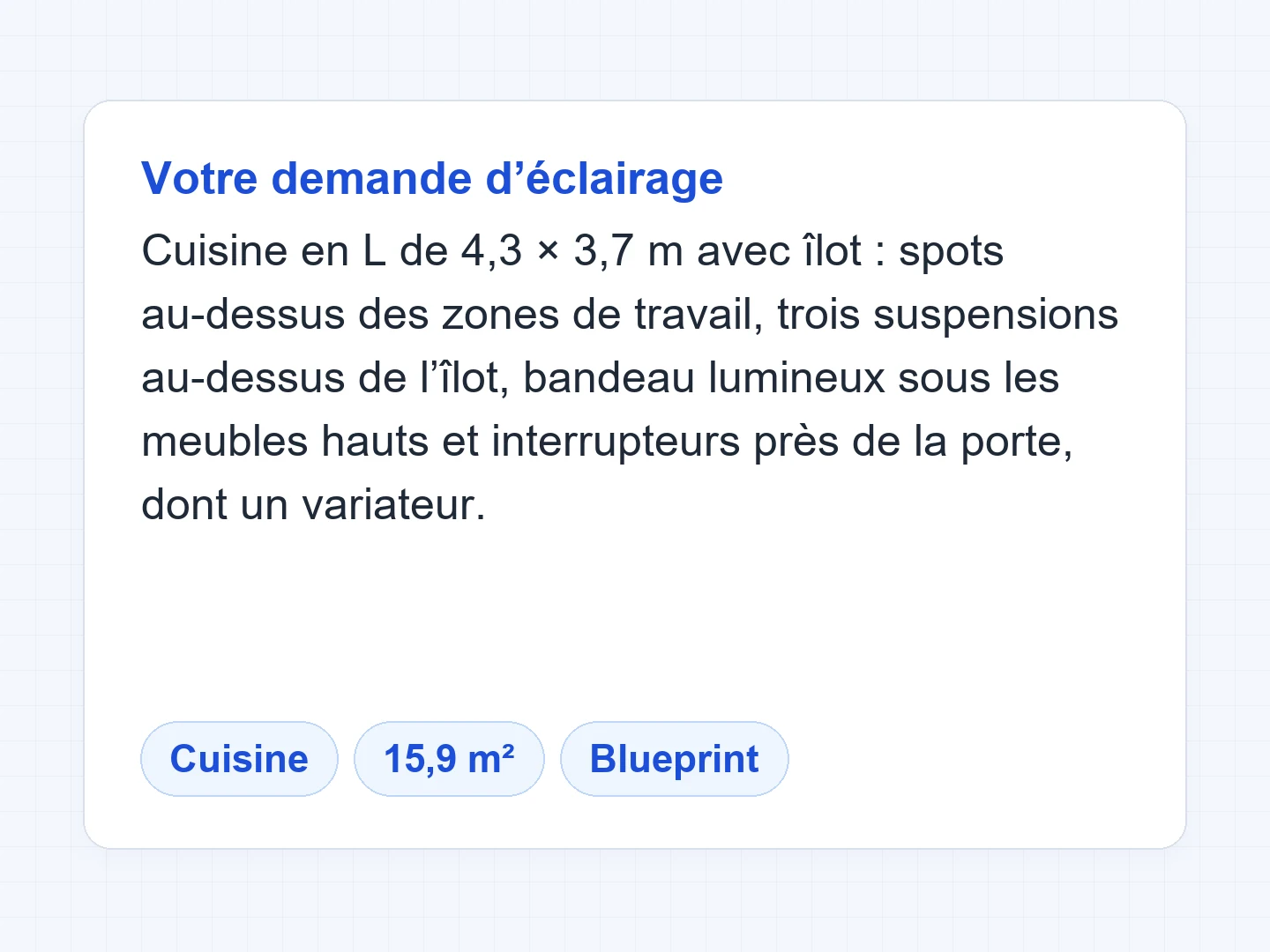 Cuisine en L d’environ 4,3 × 3,7 m : plan d’éclairage seul avec spots, suspensions et bandeau sous les meubles hauts — Avant