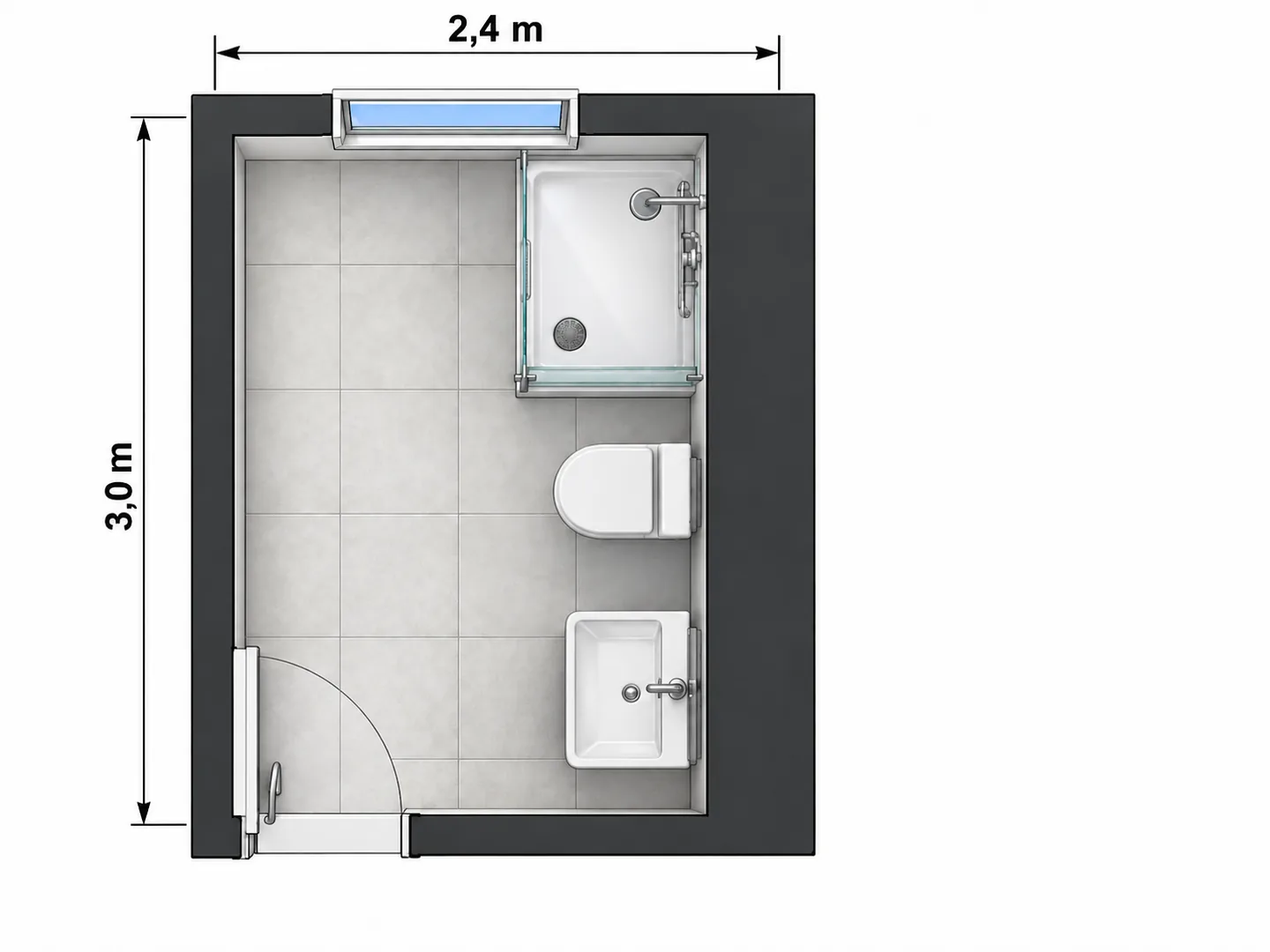 Salle de bain de 2,4 × 3,0 m : plan de plomberie avec alimentation, évacuations, ventilation et robinets d’arrêt sur un seul mur — Avant