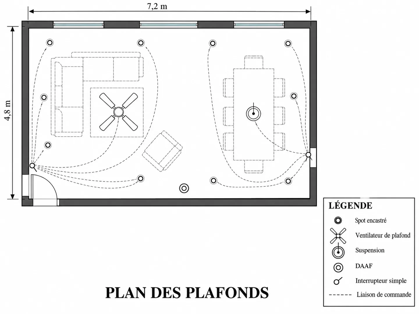 Plan des plafonds d’un séjour et d’une salle à manger : spots encastrés, ventilateur de plafond, suspension au-dessus de la table, détecteur de fumée et lignes d’interrupteurs