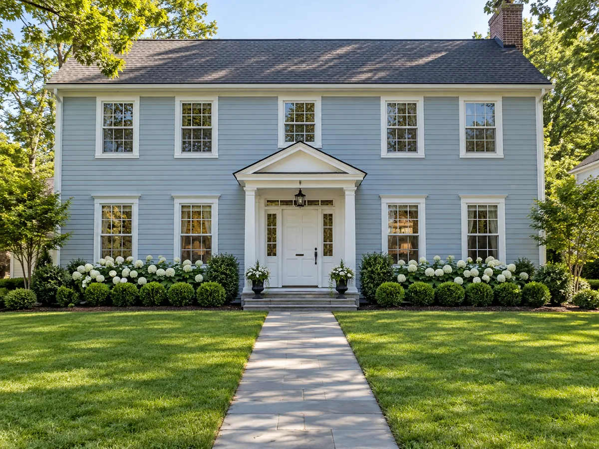 Illustrative AI concept: colonial front door framed by boxwood and white flowers