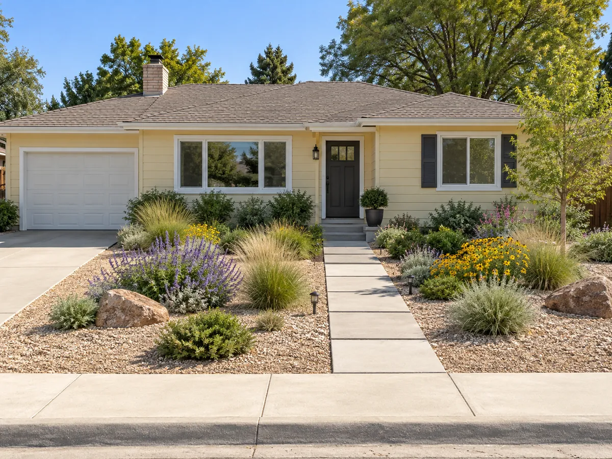 Illustrative AI concept: lawn-free ranch front yard with gravel, native grasses and a clear walk