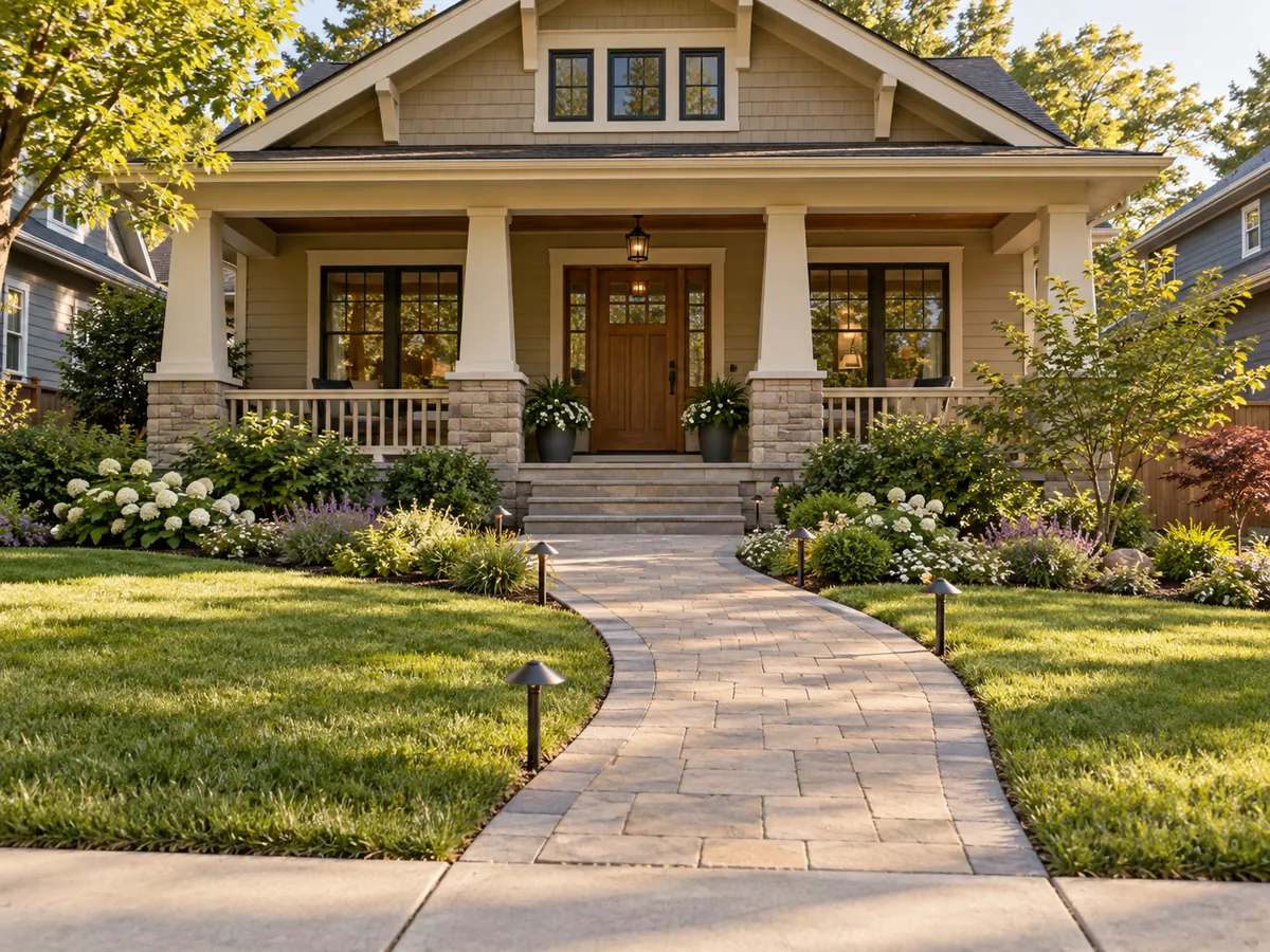 Illustrative AI concept: paver walk with subtle lights and low beds at a craftsman house