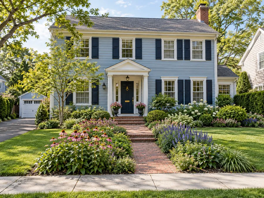Illustrative AI concept: blue colonial house with pink coneflowers and blue salvia soften the brick approach to a blue colonial. Repeated flower colors connect the beds while a clipped lawn edge keeps them legible.