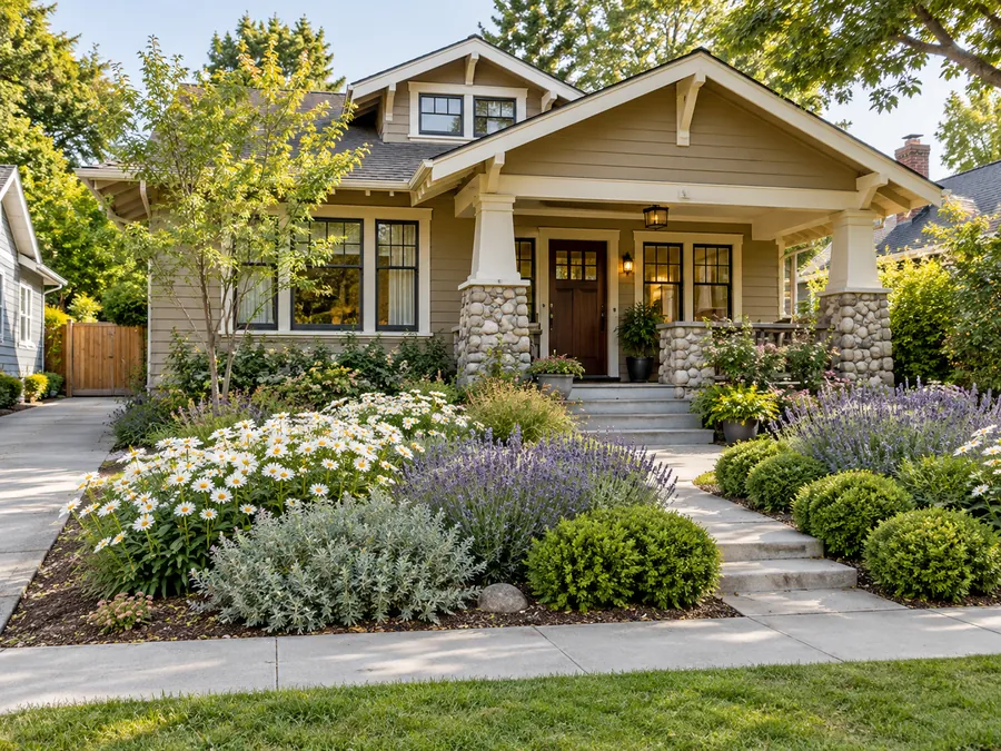 Illustrative AI concept: tan craftsman bungalow with white daisies, lavender and rounded shrubs layer gently below the porch. Taller blooms sit back from the walk, giving a generous planting effect without swallowing the entrance.