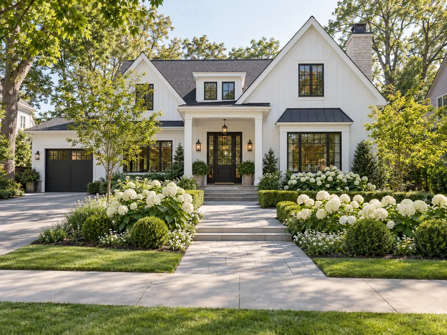 Illustrative AI concept: white modern farmhouse with white hydrangeas rise behind clipped boxwood beside a broad paver walk. The green-and-white palette ties the garden to the farmhouse facade while keeping the doorway prominent.