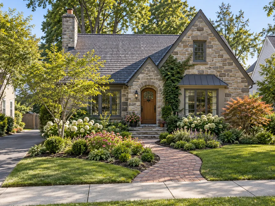 Illustrative AI concept: stone cottage house with a winding brick path brings a softer approach to the stone cottage. Low flowers along its edges connect the planting to the house without narrowing the walkway.