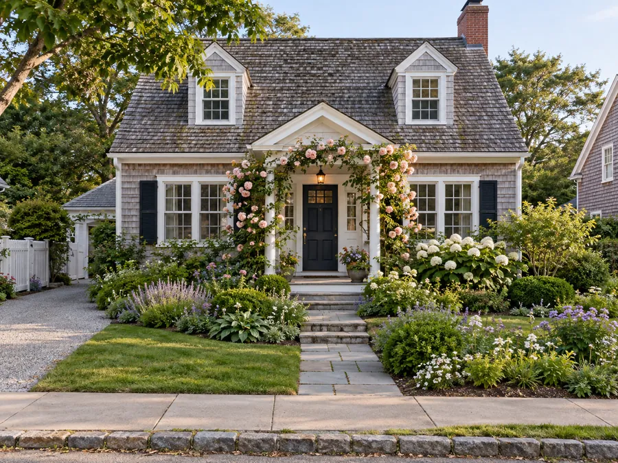 Illustrative AI concept: shingled Cape Cod house with climbing roses frame the porch while lavender and compact perennial beds soften the path. A small lawn balances the flowering edges and keeps this cottage frontage open.