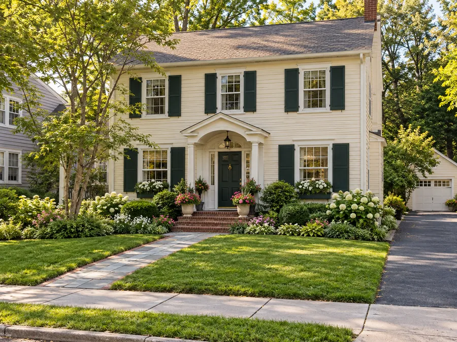 Illustrative AI concept: cream traditional house with flower-filled porch containers add a focused burst of color beside the entrance. Crisp edging and fresh mulch tidy the existing beds without replacing the broad front lawn.