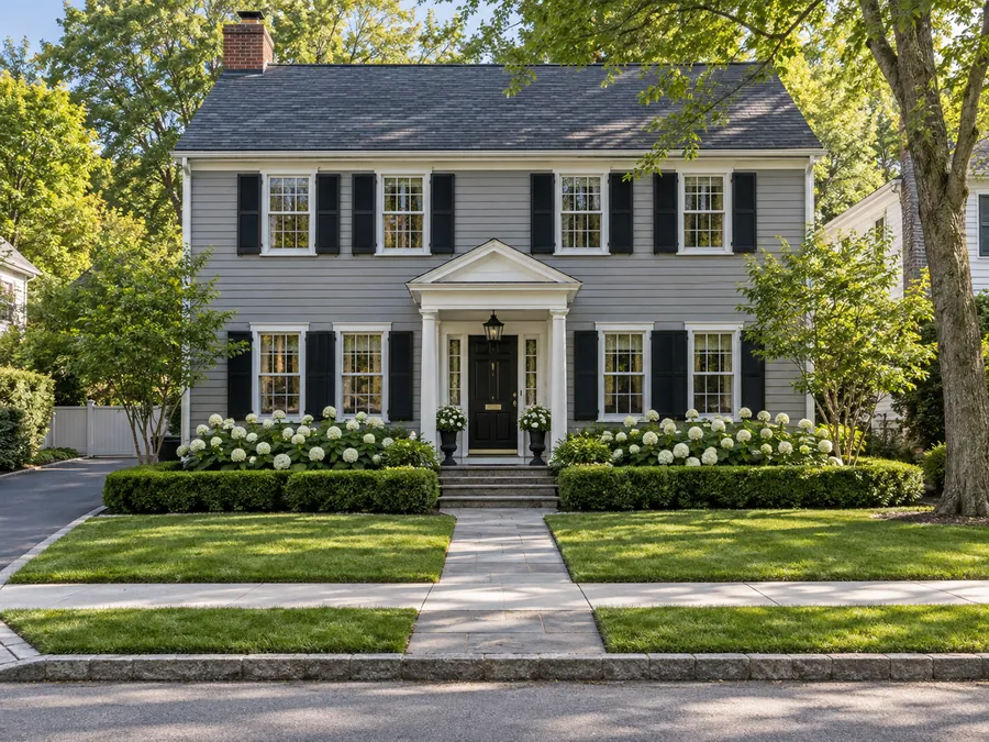 Illustrative AI concept: gray colonial house with clipped boxwood sits below soft white hydrangeas, framing the gray colonial without covering its windows. Repeating the same two plants gives the long frontage a composed rhythm.