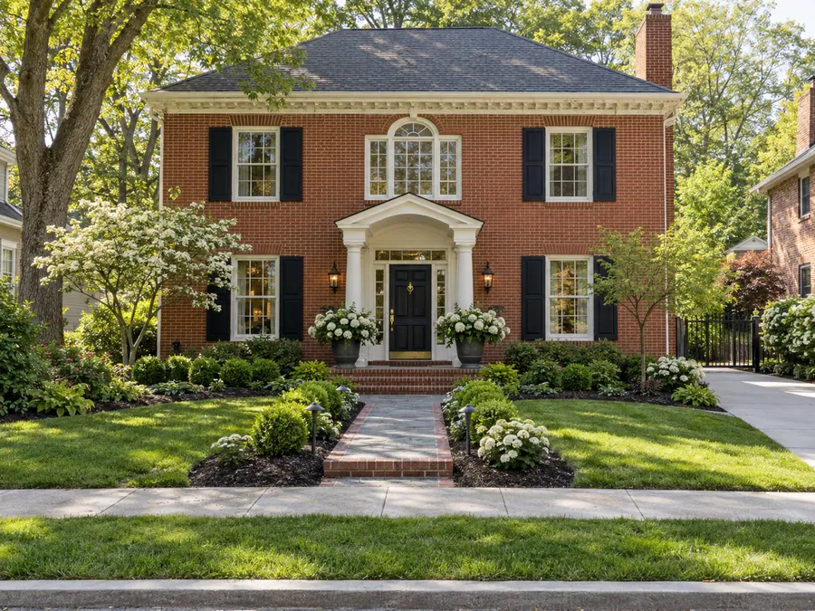 Illustrative AI concept: red brick Georgian house with containers at the door and tidy mulch beds refresh a formal brick entrance. Small changes draw attention to the porch while retaining the lawn, shrubs and existing path.