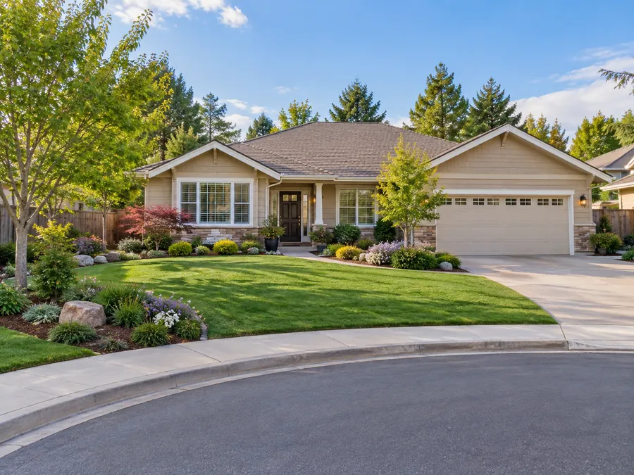 Illustrative AI concept: suburban cul-de-sac ranch with a curved bed follows the wedge-shaped lawn beside the driveway. Low shrubs and flowering accents soften the street edge while leaving an open view toward the front door.