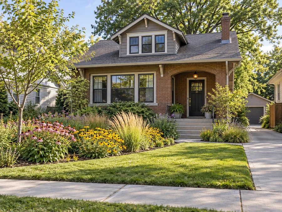 Illustrative AI concept: Midwest brick bungalow with coneflowers, black-eyed Susans and golden grasses form a colorful border beside a mown edge. Repeated drifts bring prairie texture to the bungalow while keeping the entrance visible.